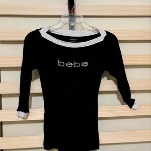 Bebe Monochrome Ribbed Bejeweled Bedazzled Collar Top